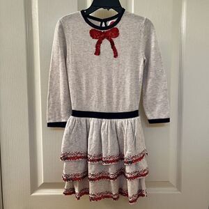 Mini Boden Tiered Ruffle Sequin Bow Sweater Knit Dress Christmas Girls Size 4-5